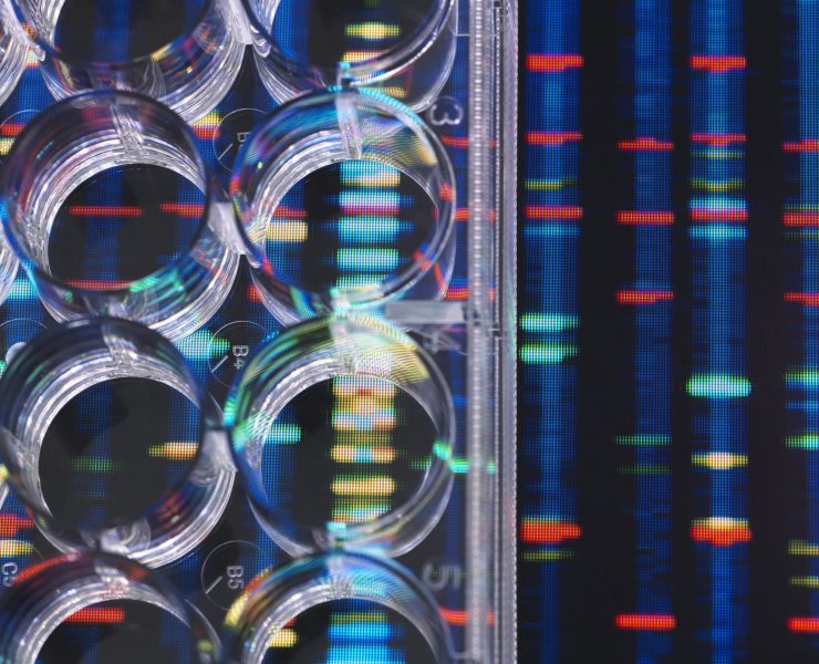 DNA Research, Samples of DNA in a multi well plate ready for analysis with DNA results in the background