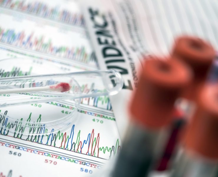 Hematological analysis with forensic test kit in a murder in a crime lab, conceptual image